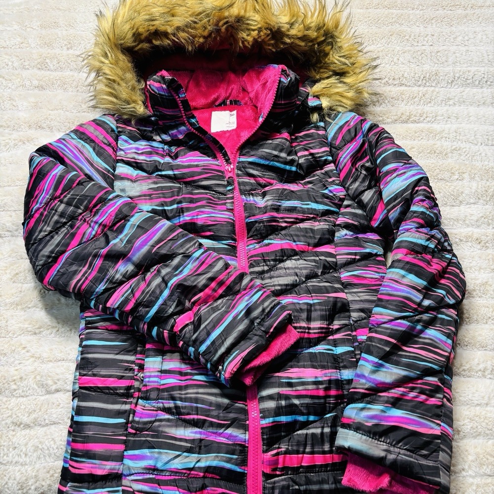 Kids Girls SO‎ Puffer Jacket W Faux Fur Hood Pastel & Black Tiger Size 10/12